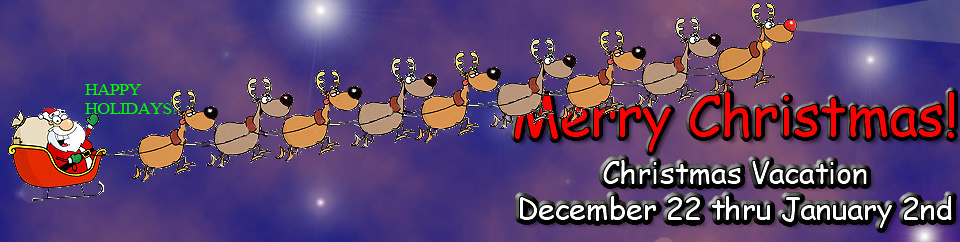 An animation with reindeer guiding the sleigh in 2018 announcing the winter or Christmas Break.